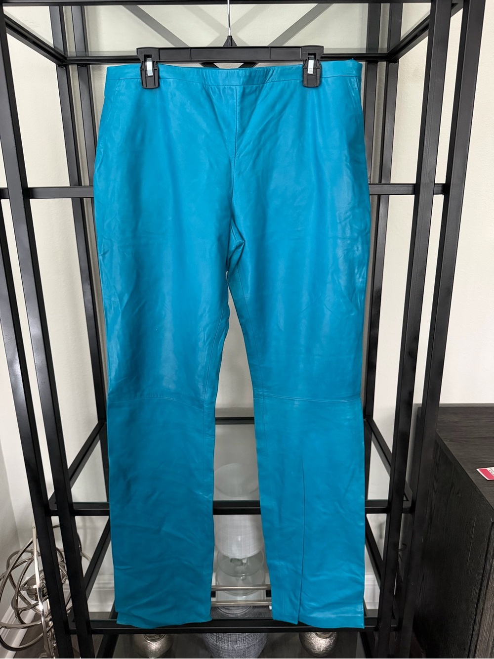 Versace Bright Teal Leather Straight Pants Waist Size 48 EU